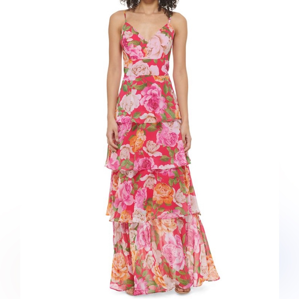 Eliza J Floral Pink Red Maxi Ruffle Dress Spaghetti Strap Wedding Guest Event